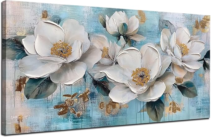 Ardemy Flower Wall Art for Living Room White Floral Canvas Art Wall Decor, Magnolia Teal Picture Textured Extra Large Painting Turquoise Framed Artwork Bedroom Dining Room Kitchen Home Office 58"x29"