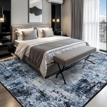 Rugflix 5x8 Area Rugs for Living Room, Washable Large Rug Stain-Resistant Low Pile, Modern Dark Carpet for Dining Room Home Office Kid Room Nursery Bedroom, Navy Blue/Black
