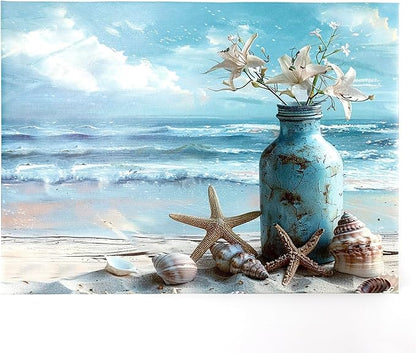 LB Beach Coastal Wall Art Starfish with White Flower in Vintage Vase on Teal Beach Wall Art Beach Scene Canvas Wall Decor for Living Room Bedroom Bathroom Office Framed Ready to Hang 16L x 20W