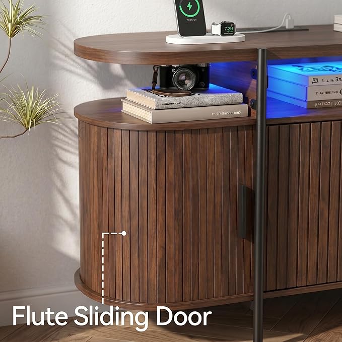 69" Mid Century Modern TV Stand, Curved Entertainment Center with LED Light & Power Outlet, Fluted Wood TV Stand for TVs up to 80'',Media TV Console Table with Sliding Doors for Living Room, Walnut