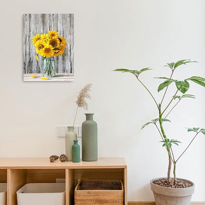 Canvas Sunflower Wall Art - Modern Yellow Flower Pictures for Bedroom, Bathroom, Office & Home Decor - Framed Artwork Size 12x16