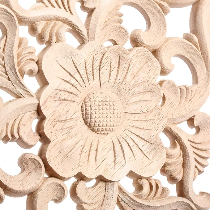 Wood Carved Appliques, 1Pc Wooden Decorative Onlays, MUXSAM Unpainted Furniture Center Decals for Cabinet Dresser Bed Door Wall Wardrobe Ceiling Decoration Home DIY Project, 25x15cm/9.84"x5.9"