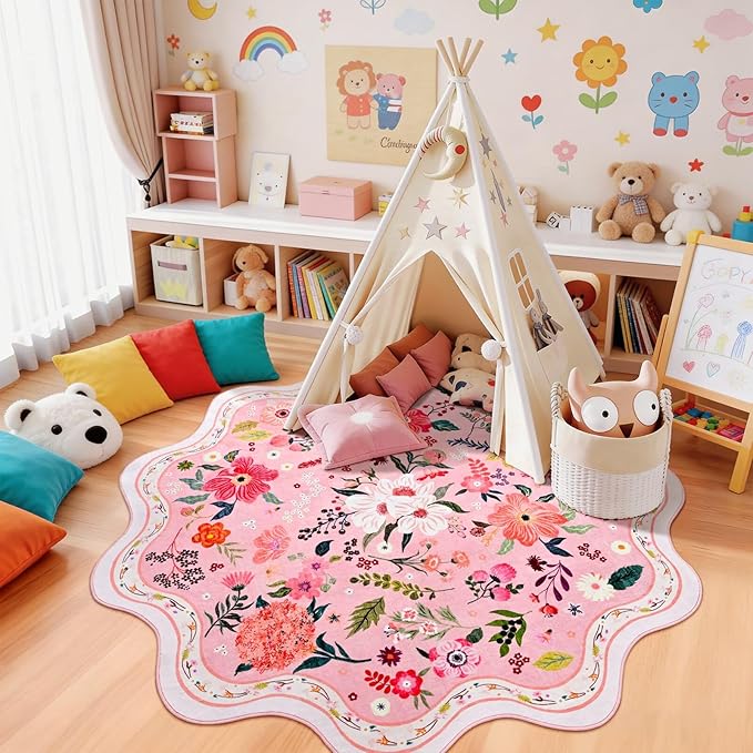 Macgace Pink Round Rug for Girls Bedroom, 5ft Machine Washable Floral Area Rugs with Non Slip Backing, Cute Flower Carpet Kitchen Living Room Kids Playroom Decor