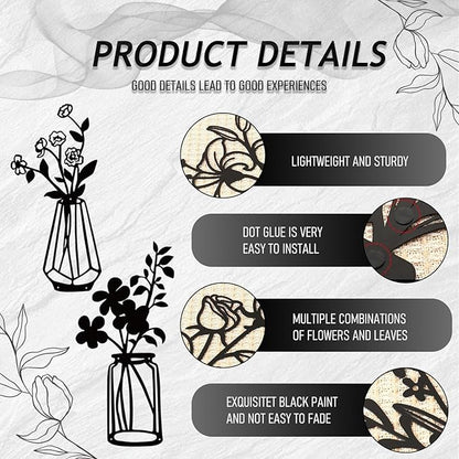 PAASTAI 3 Pieces Metal Flowers Wall Art - Minimalist Farmhouse Wall Hanging Decor for Living Room, Bedroom, Kitchen, Bathroom, Hallway - Floral Home and Office Decor (DK-02)