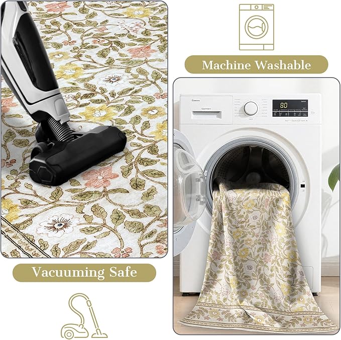 Floral Area Rug 5x7 Washable Vintage Non Slip Living Room Rug Soft Low Pile Stain Resistant Rugs for Girls Bedroom Dining Room Laundry Indoor, Beige/Multi