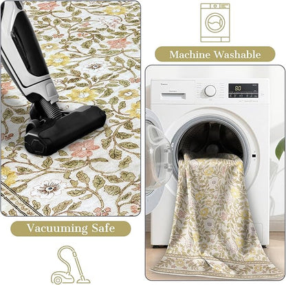 Floral Area Rug 5x7 Washable Vintage Non Slip Living Room Rug Soft Low Pile Stain Resistant Rugs for Girls Bedroom Dining Room Laundry Indoor, Beige/Multi