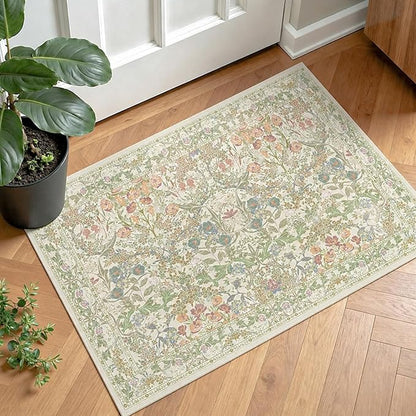 Sage Green Soft Bedside Non Slip Washable Rugs, 2x3 Farmhouse Small Rug for Kitchen, Indoor Entrance, Laundry, Bathroom - Boho Throw Front Door Mat, Soft Cottagecore Art Deco Carpet with Low Pile