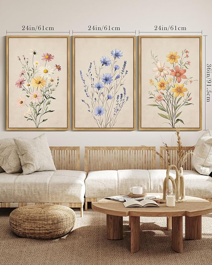 Drsoum Vintage Flower Bouquet Wall Art Framed Retro Bohemian Boho Colorful Floral Plant Rustic Artwork Nature Botanical Wildflower Prints Bedroom Living Room Ready to Hang 24x36in Natural Framed
