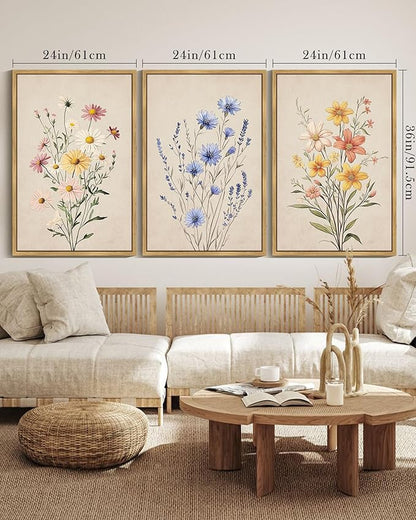 Drsoum Vintage Flower Bouquet Wall Art Framed Retro Bohemian Boho Colorful Floral Plant Rustic Artwork Nature Botanical Wildflower Prints Bedroom Living Room Ready to Hang 24x36in Natural Framed