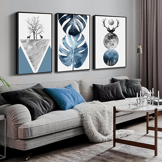 Boho Canvas Wall Art Set of 3 with Black Frame, Abstract Minimalismt Bohemian Deer & Tropical Leaf Pictures Prints Artwork Paintings Wall Decor for Bedroom Living Room Home Decoration 24x36 inches
