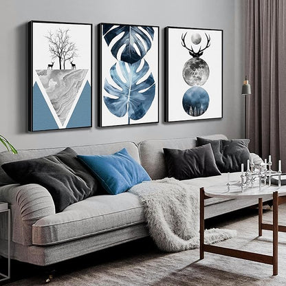 Boho Canvas Wall Art Set of 3 with Black Frame, Abstract Minimalismt Bohemian Deer & Tropical Leaf Pictures Prints Artwork Paintings Wall Decor for Bedroom Living Room Home Decoration 24x36 inches
