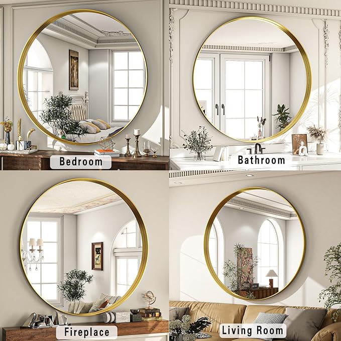 24 inch Round Bathroom Mirror, Gold Metal Deep Frame Wall Mounted Circle Mirror for Wall Decor, Living Room, Vanity, Entryway, Hanging or Leaning