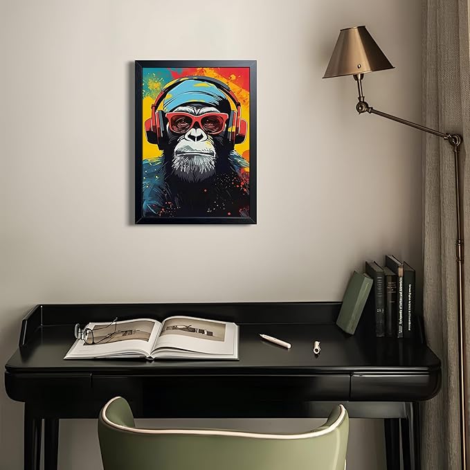 Framed Cool Monkey Wall Art, With Headphones and Sunglasses Chimp Wall Decor, Colorful Graffiti Canvas Print Poster, Cool Animal Oil Painting for Boys Bedroom Gaming Room Home Decor 12x16 Inch