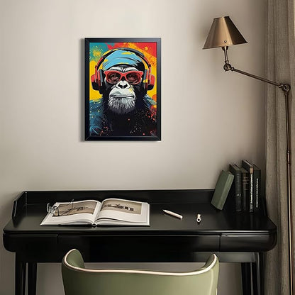 Framed Cool Monkey Wall Art, With Headphones and Sunglasses Chimp Wall Decor, Colorful Graffiti Canvas Print Poster, Cool Animal Oil Painting for Boys Bedroom Gaming Room Home Decor 12x16 Inch