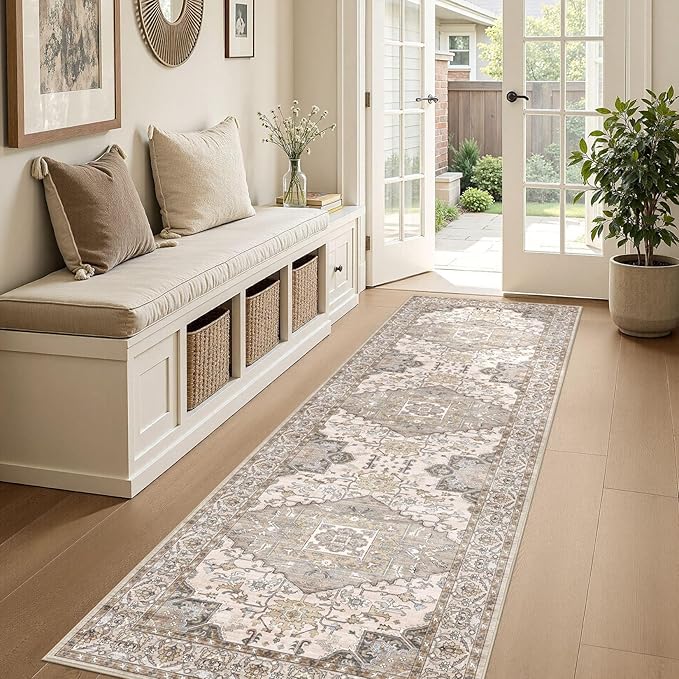 Washable 3x8 Runner Rugs: Non Slip Vintage Brown Area Rugs for Living Room, Large Soft Stain Resistant Indoor Floor Carpets for Bedroom Dining Room Nursery Home Office Kid & Pet Friendly