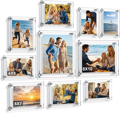 Novabright 8x10, 5x7, 4x6 Inch Acrylic Floating Picture Gallery Frame Set 10 Pack 3 Size Wall Mount Clear Picture Floating Frame Bulk Double Panel Hanging Photo Frameless Frames Office Home Display