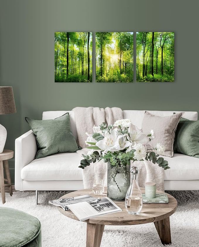 Forest Art Canvas Wall Decor: 3 Panel Nature Wall Art Landscape Paintings Framed Trees Green Pictures Sunrise Scenery Wall Decor for Living Room Bedroom Office Bathroom 12 x 16 Inch