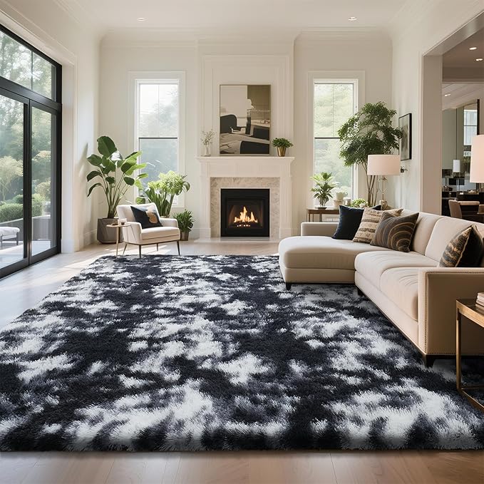 yongyangjuxin Fluffy Rug Shag Area Rug, Mottling Black 9x12 Area Rugs for Living Room, Large Shag Area Rugs for Bedroom Kids Room Home Decor, Upgrade Anti-Skid Rectangular Fuzzy Rugs