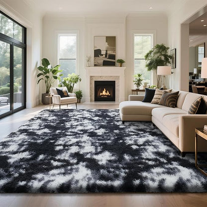 yongyangjuxin Fluffy Rug Shag Area Rug, Mottling Black 9x12 Area Rugs for Living Room, Large Shag Area Rugs for Bedroom Kids Room Home Decor, Upgrade Anti-Skid Rectangular Fuzzy Rugs