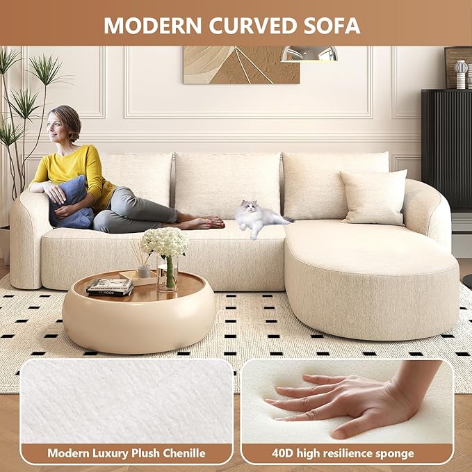 Settab 111" Modular Sectional Couches Luxury Modern Curved Back Sofa,Minimalist Comfy L-Shape Boneless Cloud Couch for Living Room Apartment,(Right Facing Chaise,White)