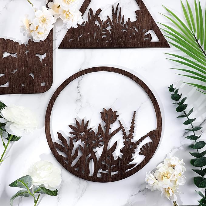 Blulu 3 Pieces Wall Art Wood Wall Pediments Sacred Boho Art Wooden Floral Decor Minimalist Floral Hanging Flower Artwork for Home Dining Room(10 Inch,Brown)