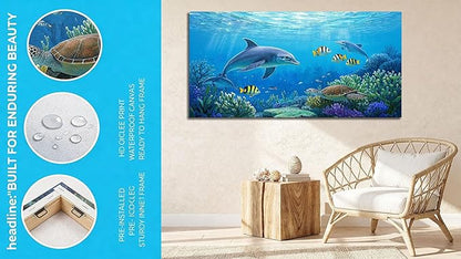 Ardemy Ocean Life Wall Art 40"x20" Picture, Waterproof Canvas Print with Dolphins and Sea Turtles, Underwater Scene for Bathroom, Kids Room, Living Room Coastal Decor