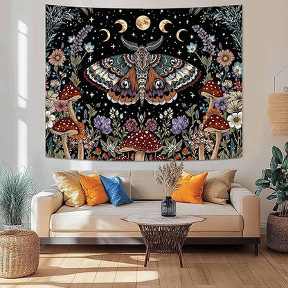 Neasow Hippie Witchy Moth Tapestry, Moon Mushroom Aesthetic Floral Wall Art, Mystic Moon Phase Decor for Living Room Bedroom Home, 44x60 inches