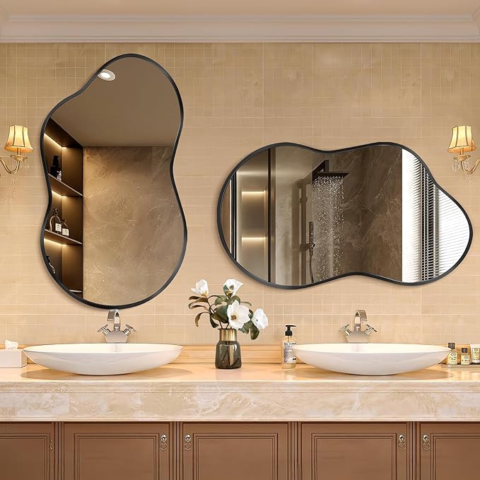 Dorlicecass Irregular Wall Mirror - Wall Mirrors Decorative 24"x36" Black Asymmetrical Mirror Tempered Glass Aviation Aluminum Alloy Frame for Bathroom, Bedroom, Living Room, Cloakroom, Entryway