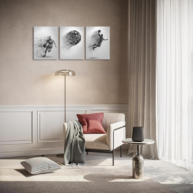 Basketball Canvas Wall Art Prints Set of 3, Framed Basketball Posters Wall Decor, Sports Room Decor For Men Kids Teenagers, Basketball Poster Set For Bedroom Man Cave, Boys Bedroom Decor