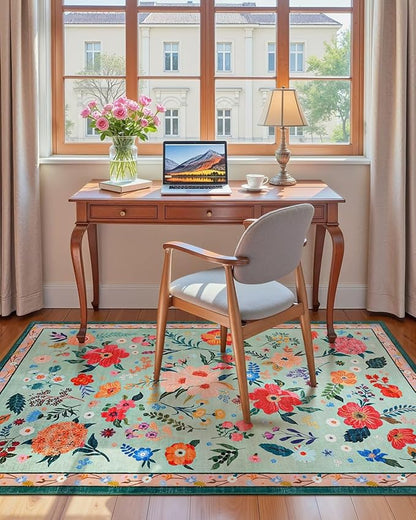 Macgace 4x6 Floral Rug for Girls Bedroom, Machine Washable Area Rugs with Non Slip Backingfor Living Room, Cute Flowers Carpet Kitchen Dining Room Kids Playroom Decor, Light Green