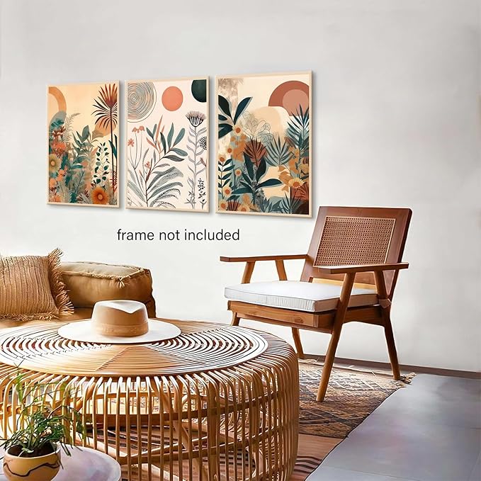 LYPHNX Boho Burnt Orange Botanical Floral Canvas Wall Art Abstract Terracotta Jungle Poster Pictures Set of 3 Flower Prints Painting Home Decor for Bathroom Bedroom Living Room 12"x16" Unframed