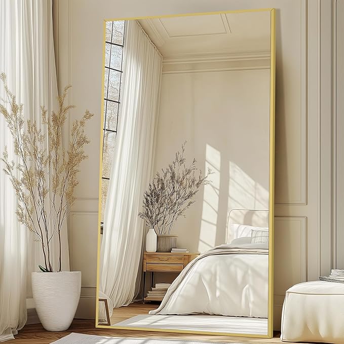 82"X44" Full Length Mirror with Stand, Oversized Floor Mirror Full Length, Tempered Glass Extra Large Free Standing Mirror for Gym Bedroom Living Room Clothing Store, Aluminum Alloy Frame, Gold