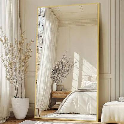 82"X44" Full Length Mirror with Stand, Oversized Floor Mirror Full Length, Tempered Glass Extra Large Free Standing Mirror for Gym Bedroom Living Room Clothing Store, Aluminum Alloy Frame, Gold