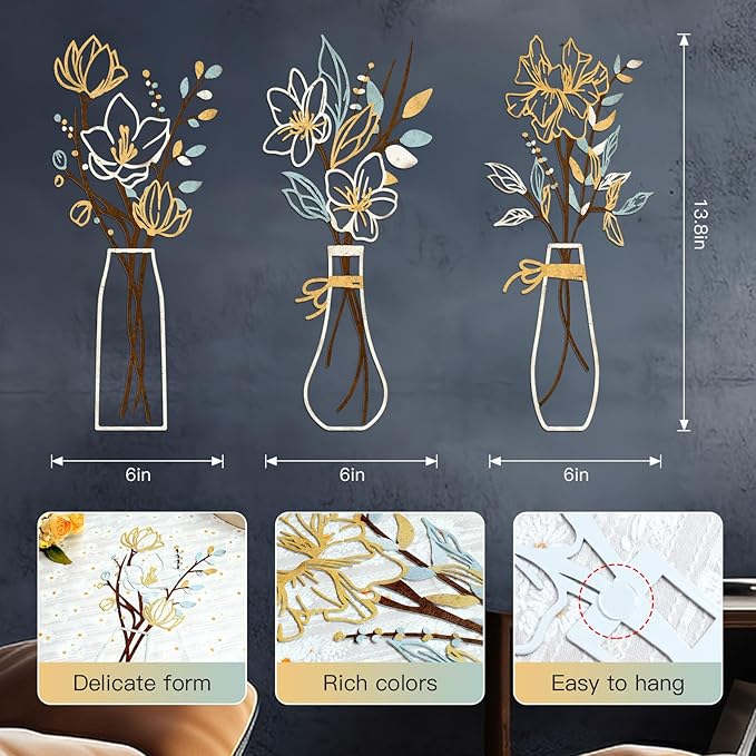 Zzbakress 3 Pcs Metal Flowers Wall Arts Rustic Farmhouse Decor Bathroom Wall Decor Metal Wall Decor for Living-room Dining-Room Kitchen Minimalist Decor Housewarming Gifts (Beige Gold)
