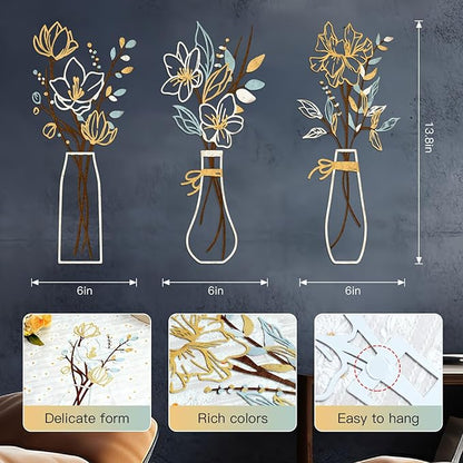 Zzbakress 3 Pcs Metal Flowers Wall Arts Rustic Farmhouse Decor Bathroom Wall Decor Metal Wall Decor for Living-room Dining-Room Kitchen Minimalist Decor Housewarming Gifts (Beige Gold)