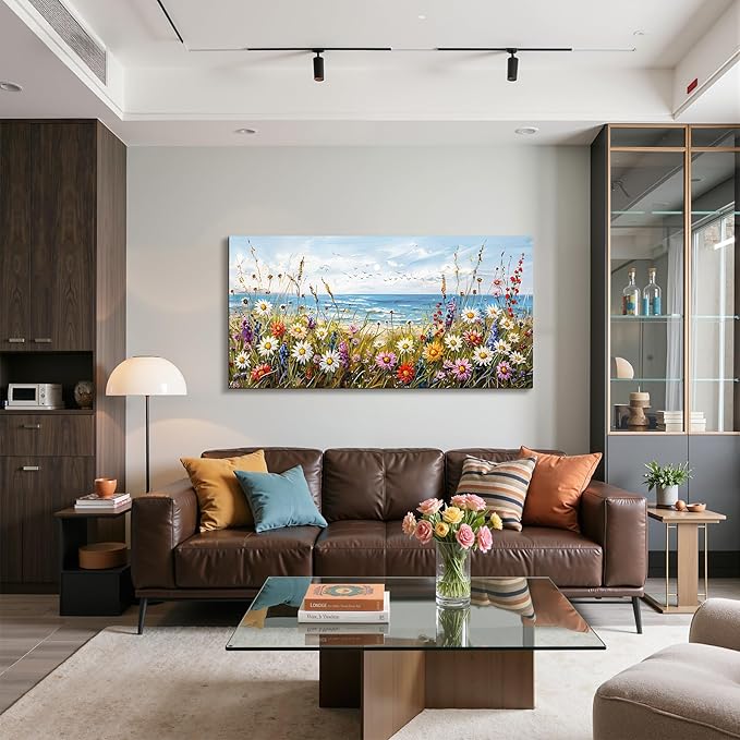 SERIMINO Large Wall Art, Beach Wall Art, Floral Wall Decor, Seaside Landscape Painting Decoration, Colorful Wildflowers Canvas Prints, Nature Pictures for Living Room Hallway Rustic Farmhouse 24"x48"