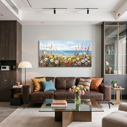 SERIMINO Large Wall Art, Beach Wall Art, Floral Wall Decor, Seaside Landscape Painting Decoration, Colorful Wildflowers Canvas Prints, Nature Pictures for Living Room Hallway Rustic Farmhouse 24"x48"