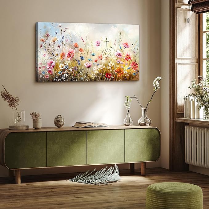 crmotu Floral Botanical Wall Art, Blooming Wildflowers Large Artwork, Flower Market Canvas Art Prints, Meadow Plant Nature Wall Decor, Rustic Wall Paintings for Living Room Bedroom Farmhouse 20"X40"