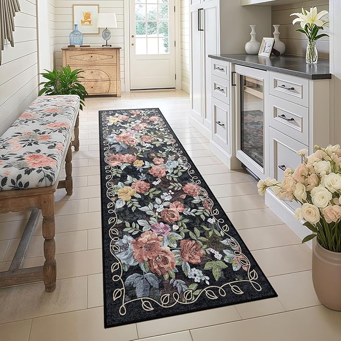 2x6 Machine Washable Runner Rug, Kitchen Hallway Area Rug Dark Blue Black Vintage Boho Floral Ultra Non-Slip Low Pile Soft Faux Wool Carpet Kids and Pets Friendly for Bedroom Entryway Nursery Home Rug