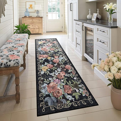 2x6 Machine Washable Runner Rug, Kitchen Hallway Area Rug Dark Blue Black Vintage Boho Floral Ultra Non-Slip Low Pile Soft Faux Wool Carpet Kids and Pets Friendly for Bedroom Entryway Nursery Home Rug