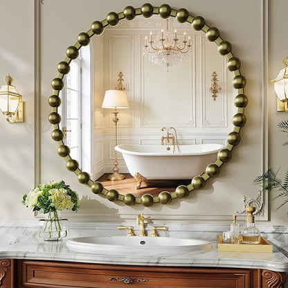 Round Mirror for Wall, 28 Inch Bronze Round Vanity Mirror with Beaded Frame, Modern Decorative Wall Mirror for Bathroom, Entryway, Bedroom, Living Room, Shatter-Proof Tempered Glass, Bronze