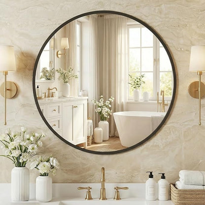 NEWBULIG 24 Inch Round Wall Mirror, Bathroom Mirror for Over Sink, Matte Metal Framed Circle Vanity Mirror, Wall Decor for Bedroom, Anti-Rust, Tempered Glass, Hanging or Leaning, Classic Black