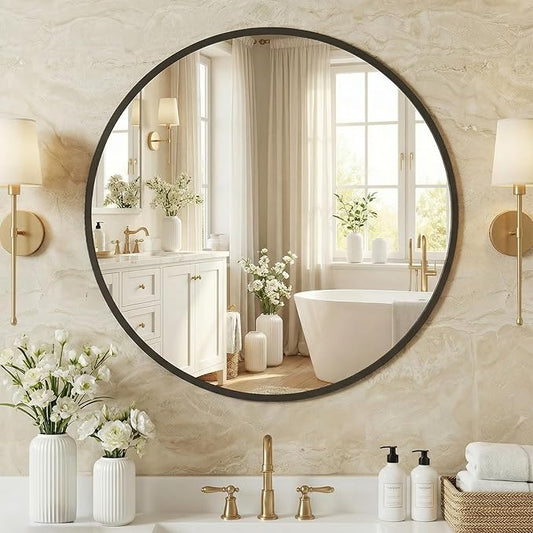 NEWBULIG 24 Inch Round Wall Mirror, Bathroom Mirror for Over Sink, Matte Metal Framed Circle Vanity Mirror, Wall Decor for Bedroom, Anti-Rust, Tempered Glass, Hanging or Leaning, Classic Black