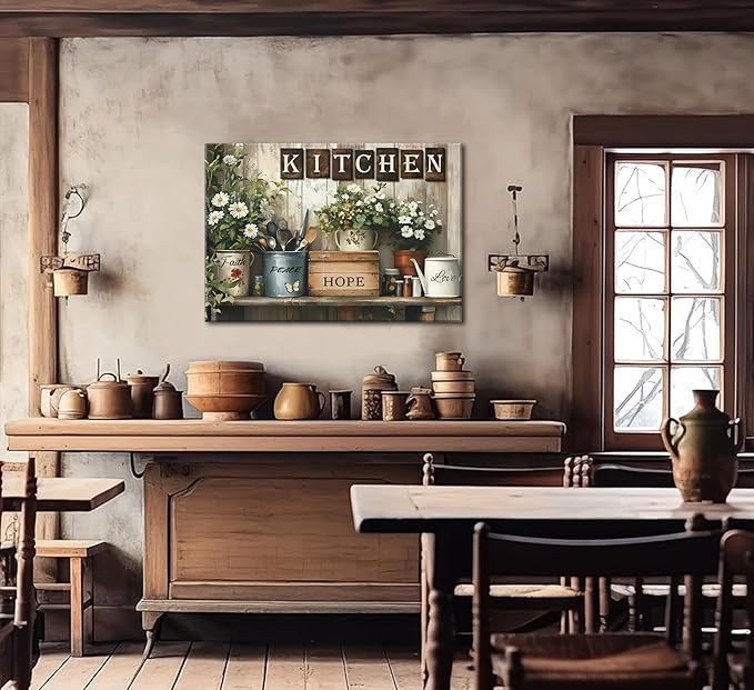 Rustic Kitchen Canvas Wall Art Inspirational Kitchen Painting Picture Decor Country Still Life Floral Poster Print Artwork for Restaurant Home Decoration