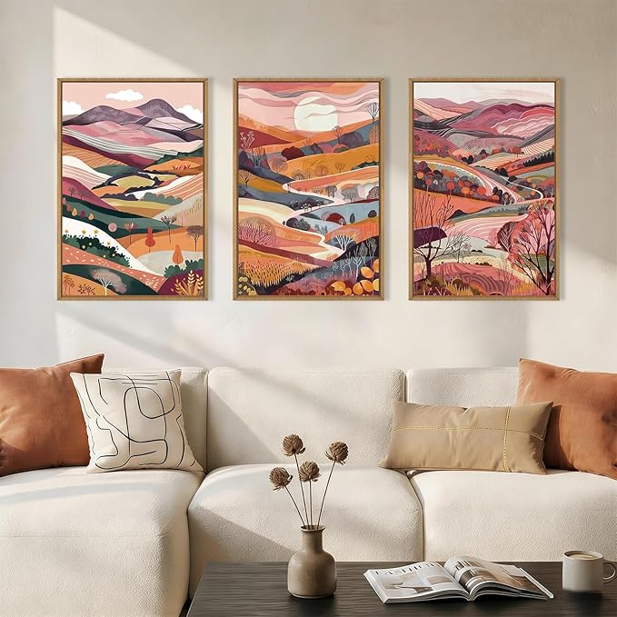 KAIRNE Boho Colorful Mountain Framed Canvas Wall Art Set,Abstract Pink Landscape Wall Decor,Watercolor Forest Art Prints,Nature Scenery Artwork for Living Room,Bedroom,Farmhouse,Office-16 x24 x3