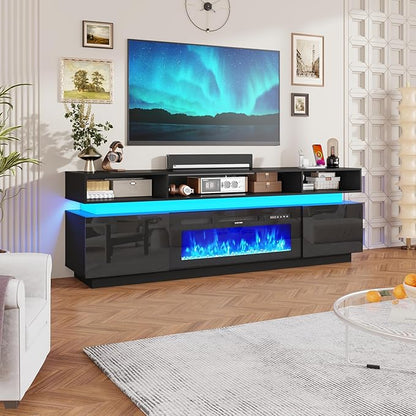 chartustriable Fireplace TV Stand for 95" TV, 83" LED Entertainment Center with 40" Fireplace & Power Outlets, High Gloss TV Stand, Gaming TV Media Console for Living Room, 83 Inch, Black