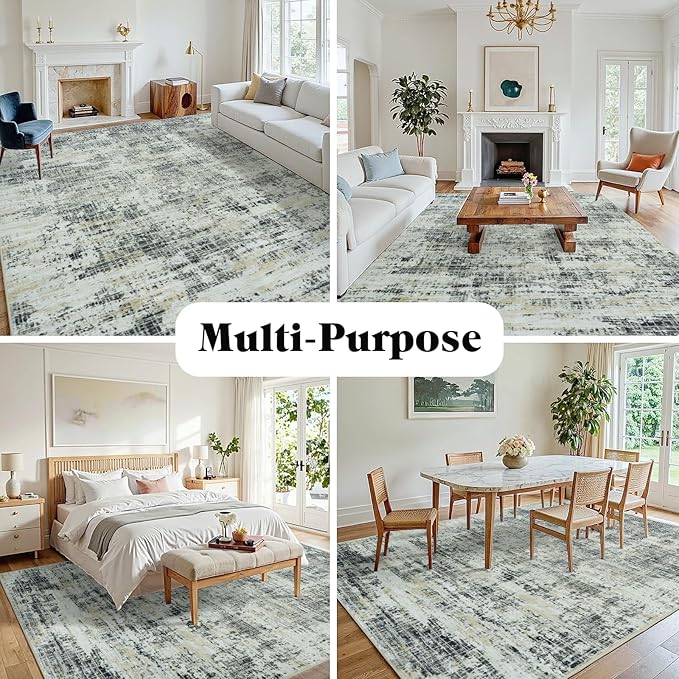 9x12 Area Rugs for Living Room Washable Rug: Anti-Skid Abstract Modern Living Room Rug Soft Thin Carpets Indoor Floor Non-Shedding Carpet for Bedroom Dining Farmhouse Nursery Black Gray Gold