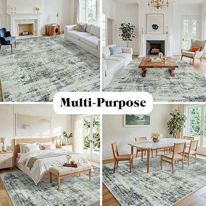 9x12 Area Rugs for Living Room Washable Rug: Anti-Skid Abstract Modern Living Room Rug Soft Thin Carpets Indoor Floor Non-Shedding Carpet for Bedroom Dining Farmhouse Nursery Black Gray Gold