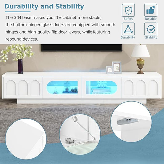 Merax TV Stand for Televisions Up to 95'', Functional Media Console with APP-Controlled Smart LED Light, Arched Cabinet Doors and Fluted Glass Doors, Entertainment Center, for Living Room, White