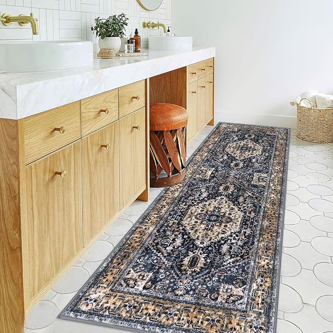 KOZYFLY Runners for Hallways 2.6x8 Ft Washable Kitchen Runner Rug Boho Runner Rug for Entryway Indoor Gold/Orange/Navy Printed Oriental Faux Wool Floor Carpet Runner for Bedroom